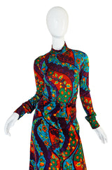1970s Brilliant Print Velvet Skirt & Silk Turtleneck Set