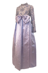1960s George Halley Couture Lavender Silk Satin Dress w Heavily Detailed Crystal & Rhinestone Bodice
