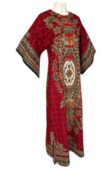 1960s Unlabeled Red Thai Print Cotton Caftan Dress w Frog Knot Detail