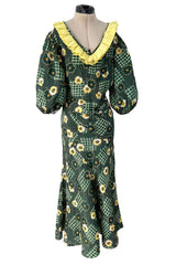 Prettiest 1930s Green Floral Print Bias Cut Silk Crepe w Yellow Collar & Original Belt