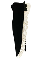 Fall 1979 Bill Blass Ivory Silk Ruffle on Ink Black Velvet Strapless Dress