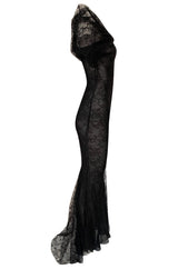 Incredible 2000s John Galliano Fine Black Lace Dress w Train & High Collar