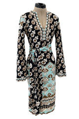 Fantastic 1970s Leonard Turquoise & Tan Fashion Silk Jersey Dress w Matching Tie Belt