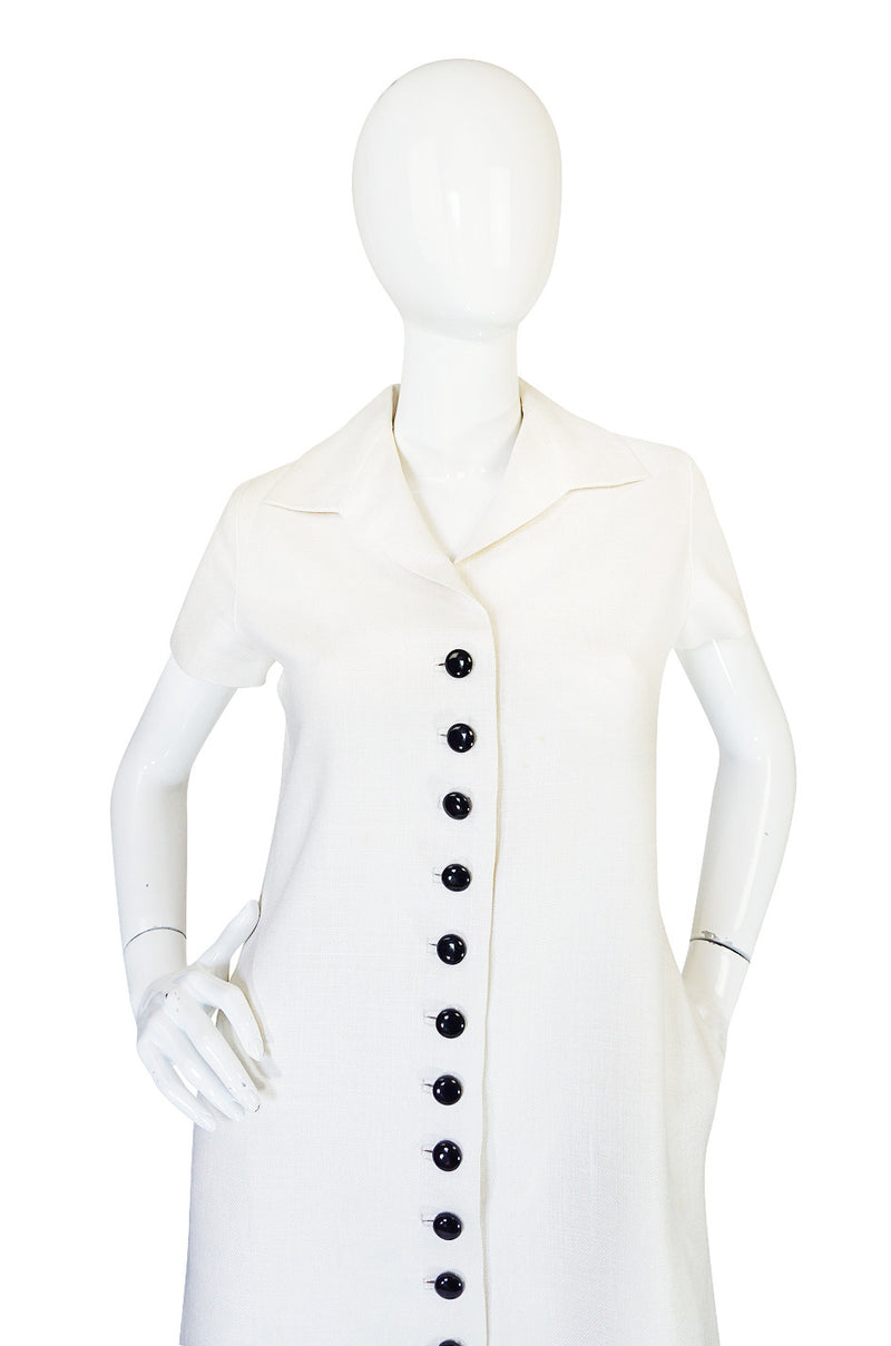 1960s White Linen Black Button Norman Norell Dress