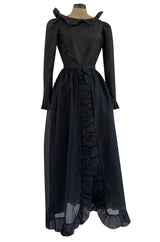 1972 Bill Blass Black Silk Taffeta Dress w Attached Silk Organza Skirt & Open Ruffled Back