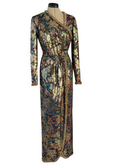 Fall 1990 Oscar de la Renta Metallic Gold Silk Lame Dress w Brass Bell Trim
