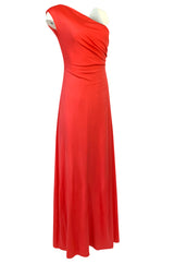 Documented 1973 Mollie Parnis One Shoulder Dipped Back Coral Jersey Dress