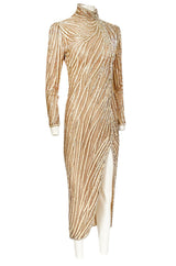 1980s Bob Mackie Ivory Sequin & Nude Stretch Net High Slit Dress