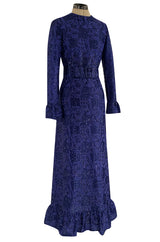 Extraordinary 1971 Givenchy Azure Blue Woven Silk & Metallic Thread Dress w Ruffled Cuffs & Hem