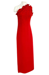 Documented 1981 James Galanos One Shoulder Red Silk Dress w Trapunto Quilting Detail