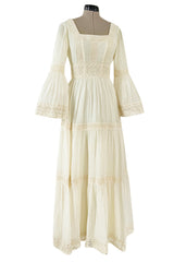 Romantic 1970s Victor Costa Mexican Wedding Dress Feel Ivory Cotton Gauze & Lace Dress