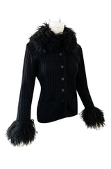 c. 1973 Yves Saint Laurent Black Ribbed Knit Sweater w Mongolian Fur Trimmed Collar & Cuffs