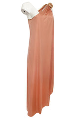 1981 Bill Tice Nude Peach Colour One Shoulder Dress w Gold Detailing