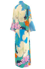 Extraordinary 1970s Hanae Mori Couture Pastel Turquoise Floral Print Silk Chiffon Dress & Jacket