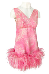1960s Jerry Silverman Pink Print Mini Dress w Pink Feather Hem Detailing