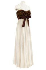 Documented 1963-64 Sarmi Ivory Silk Chiffon Dress w Strapless Natural Mink Bodice & Chocolate Silk Bow