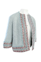 1950s I. Magnin Pale Blue Sweater Cardigan w Silk Ribbon and Hand Done Embroidery Work