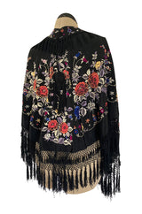 Antique 1920s Embroidered Silk Fringe Curved Cape or Shawl w Tassel Detailing