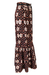 Early 1980s Madame Gres Silver Thread Ruffled Floral Print Maxi Skirt