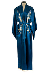 Decadant 1920s Unlabeled Deep Blue Silk Kimono w Hand Embroidered Dragons