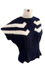 Wonderful 1940s Deep Blue Silk Top w Button Back, Front White Insets & Open Cut Work