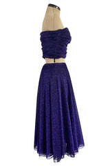 Rare 1978 Halston Couture Metallic Purple Lurex Cropped Bandeau Top & Skirt Set
