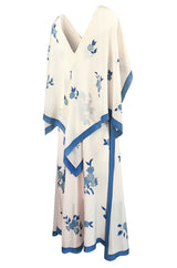 c.1974 Karl Lagerfeld for Chloe Blue Floral Print Silk Print Dress & Capelet