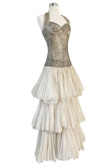 Rare Late 1920s Early 1930s Howard Greer Silver Beaded Halter Dress w Silk Tulle Net Tiered Skirt
