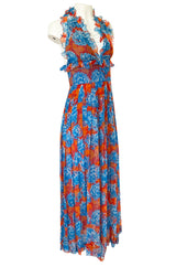 Spectacular c.1978 Valentino Blue & Coral Floral Silk Halter Backless Dress