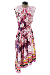 Prettiest Recent Prada Pink Flowerpot Postcard Print Cotton Dress w Asymetrical Hemline