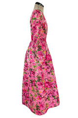 Gorgeous 1960s Jean Louis Pink w Green Floral Raised Silk Brocade Midi Dress