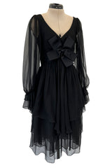Incredible Fall 1993 Yves Saint Laurent Runway Black Silk Chiffon Dress W Ruffle Full Sleeves