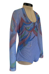 1970s Giorgio Sant Angelo Hand Painted Stretch Blue Net Bodysuit w Gold & Silver Accents