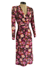 Pristine 1970s Jean-Louis Scherrer Haute Couture Pink Floral Print Silk Dress w Banded Waist