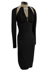 Fabulous 1980s Vicky Tiel Cut Outs Black Jersey Dress w Jewelled Pearl & Rhinestone Collar