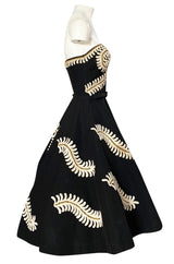 1950s Heavy Cotton / Canvas Strapless Dress w Hand Applied Cord Applique