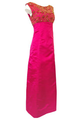 1960s Malcolm Starr Vibrant Pink Silk Satin Dress w Beaded Bodice