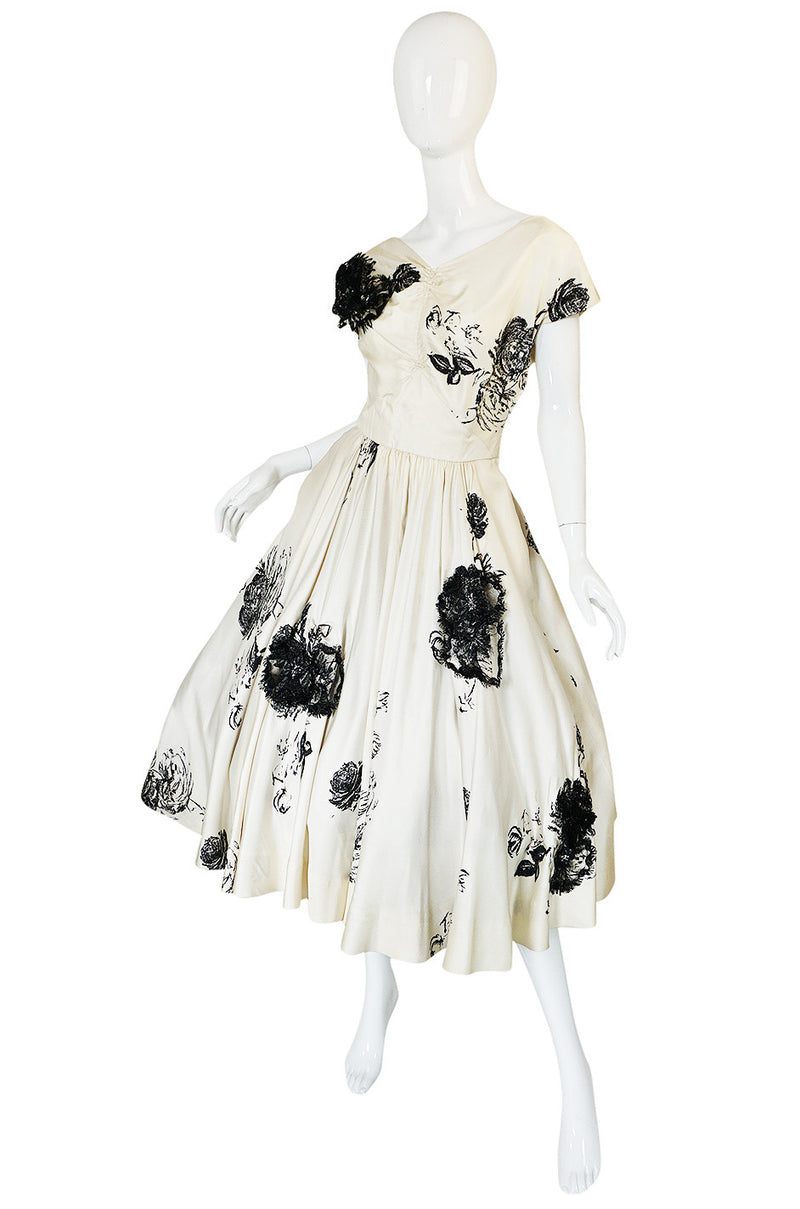1950s Cream Silk Twill Dress with Applique & Black Rose Print