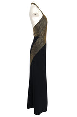 Fall 1973 Karl Lagerfeld for Chloe Black Silk Dress w Gold Beaded Bodice