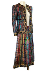 1981 Oscar De La Renta Documented Jewelled Metallic Printed Silk Jacket & Skirt Set
