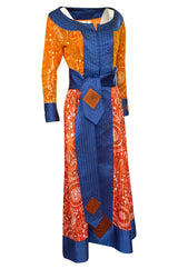 Dramatic 1970s Ronald Amey Orange Blue & Coral Print Silk Couture Dress