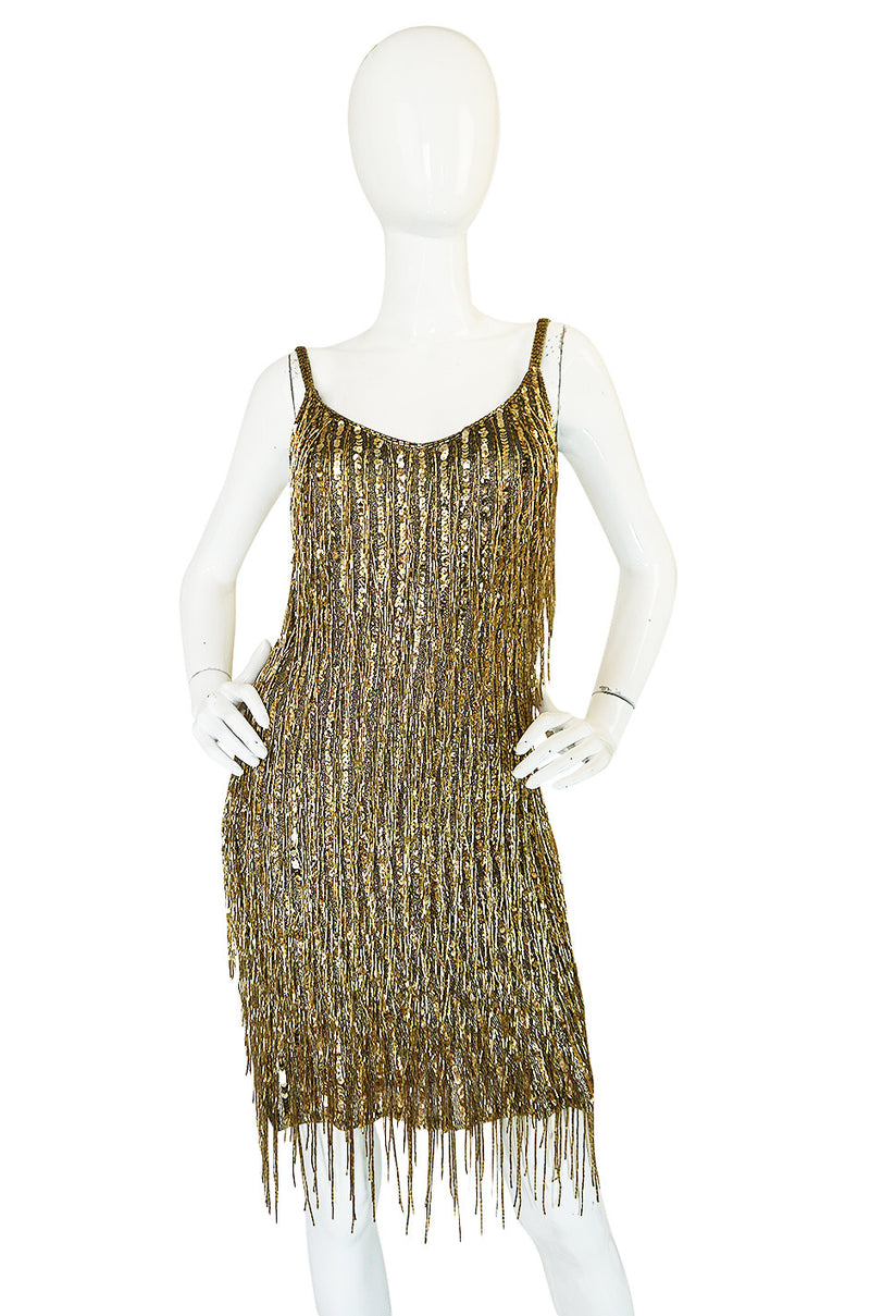 1980s Oleg Cassini Gold Beaded Spangle Fringe Dress