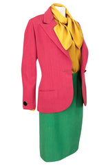 Colorful 1980s Bill Blass Three-Piece Suit in Salmon Pink, Green & Yellow