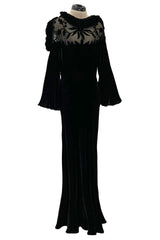 Gorgeous 1930s Bias Cut Silk Velvet Dress w Silk Mesh & Applique Detailing & Incredible Sleeves