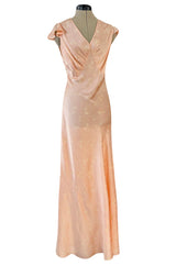 Stunning 1930s Bias Cut Soft Peach Pink Silk Lingerie Dress w Floral Daisy Print
