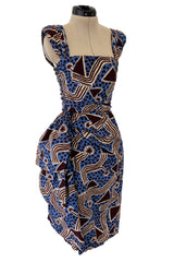 Resort 1983 Yves Saint Laurent Blue Printed Cotton Hip Swag Sarong Dress