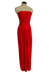 Prettiest 1970s Ruben Panis Side Beaded Red Jersey Dress w Convertible Straps
