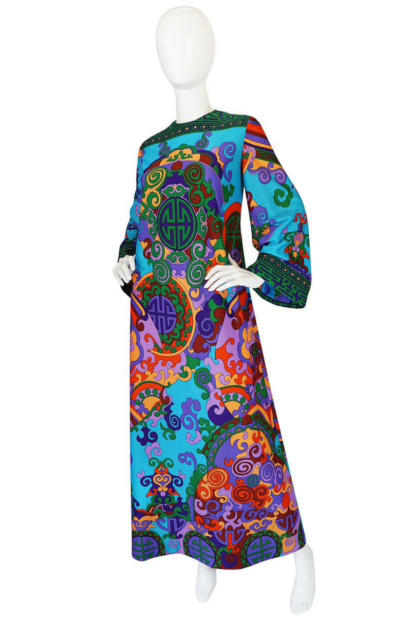1960s Vivid Bright Printed British Colony Caftan Dress
