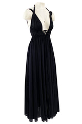 1970s Frank Usher Black Jersey Maxi Dress w Deep Front Plunge & No Back