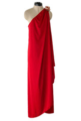 1981 Bill Tice Red One Shoulder Jersey Dress w Gold Lame Flower Detailing